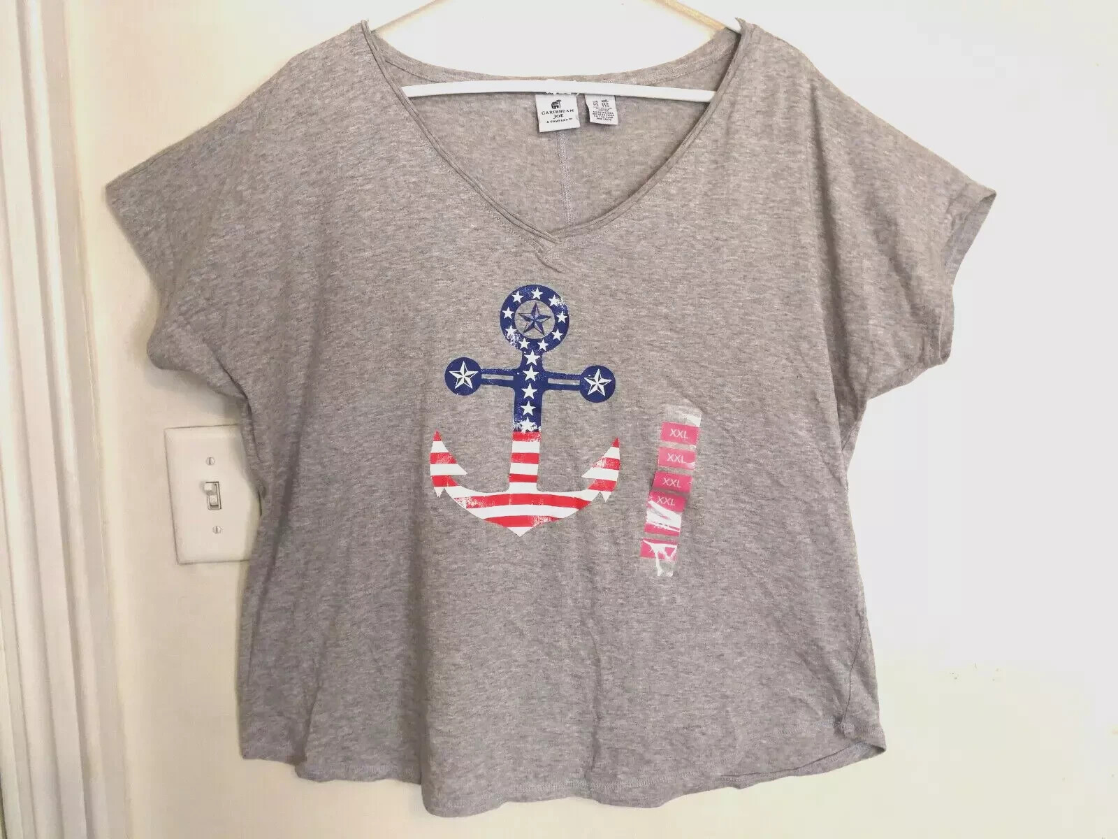 Caribbean Joe Womens Shirt XXL Gray USA Anchor Patriotic American Short Sleeve