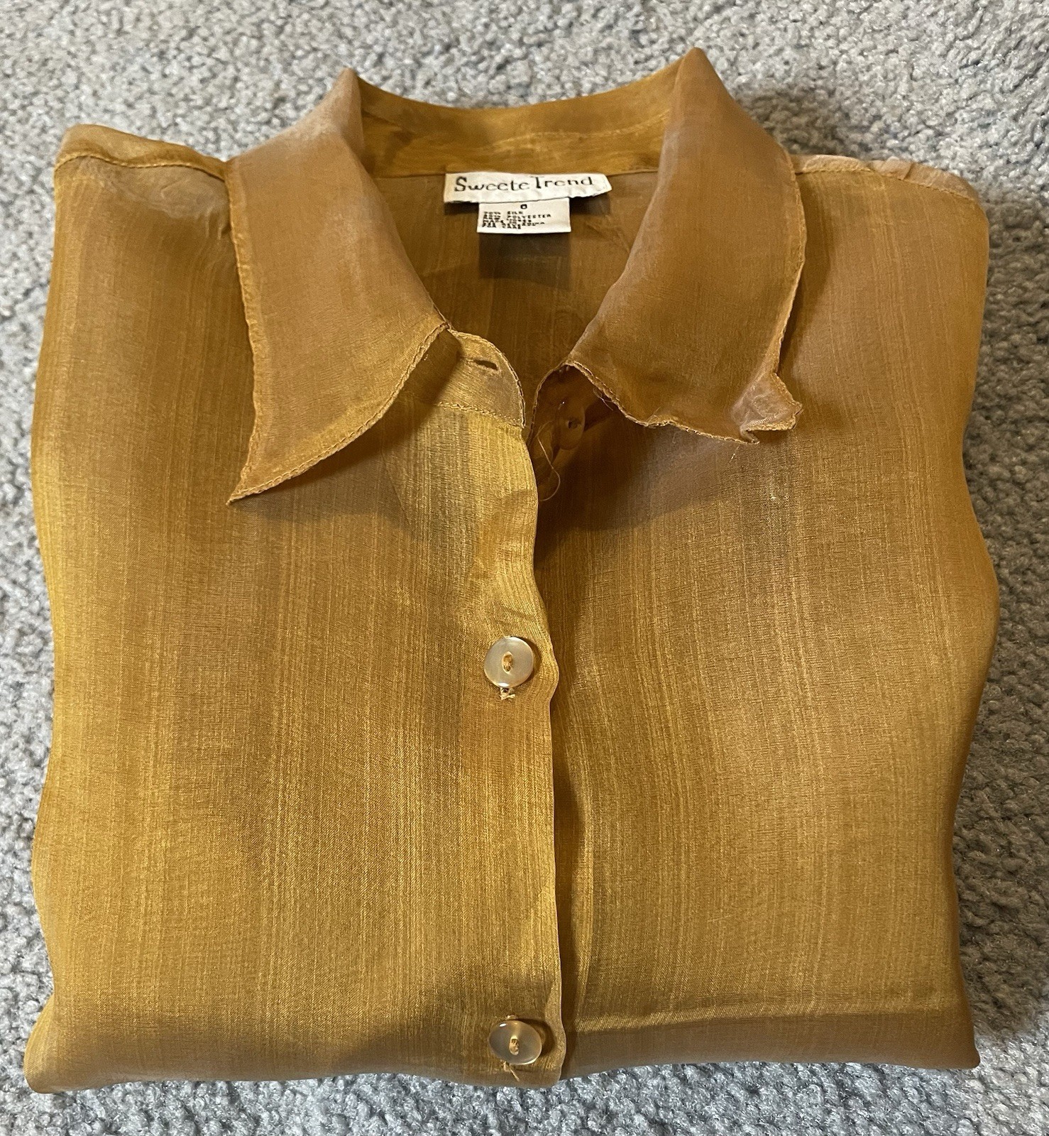 90s Embroidered Flowers Silk Blend Top Women’s Sz 6 Sheer Gold Button Up Party
