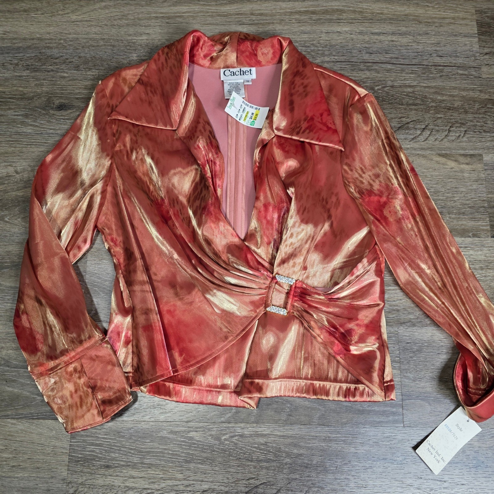 Cachet Womens 14 Blouse Orange Gold Metallic Rhinestone Buckle Abstract Long VTG