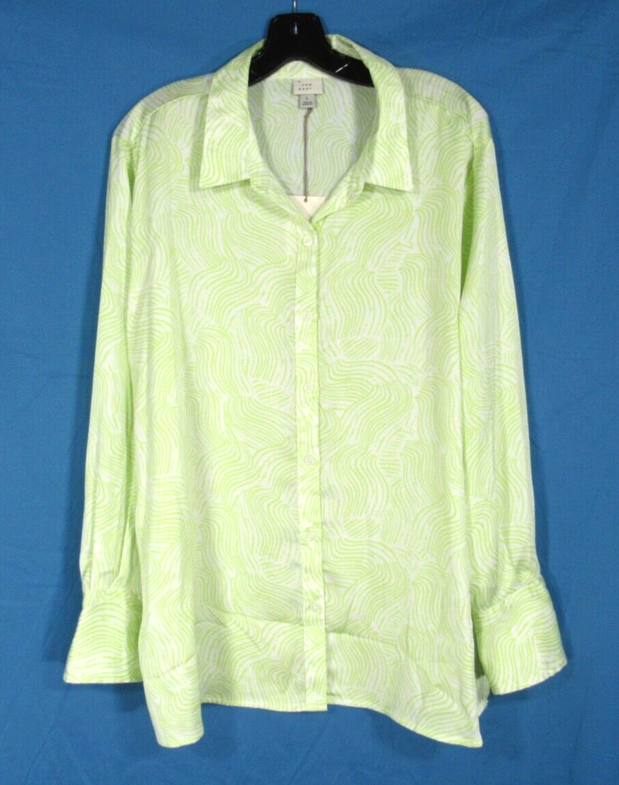 NWT A NEW DAY Green/White STRIPE PRINT Satin SLIT HEM Button-Up BLOUSE TOP Sz L