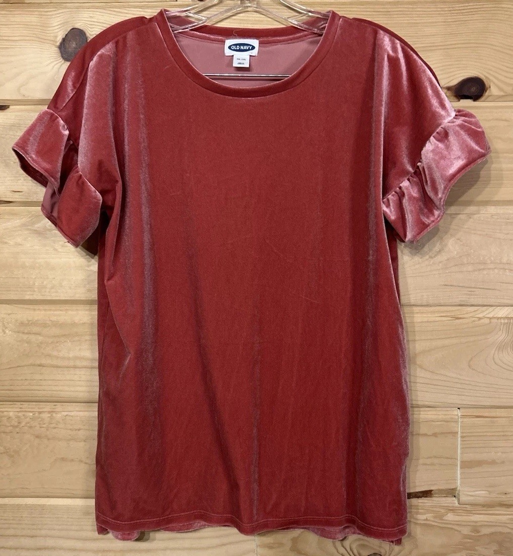 Old Navy Velvet Top Womens Medium Rosewood Pink Short Sleeve Ruffle Soft
