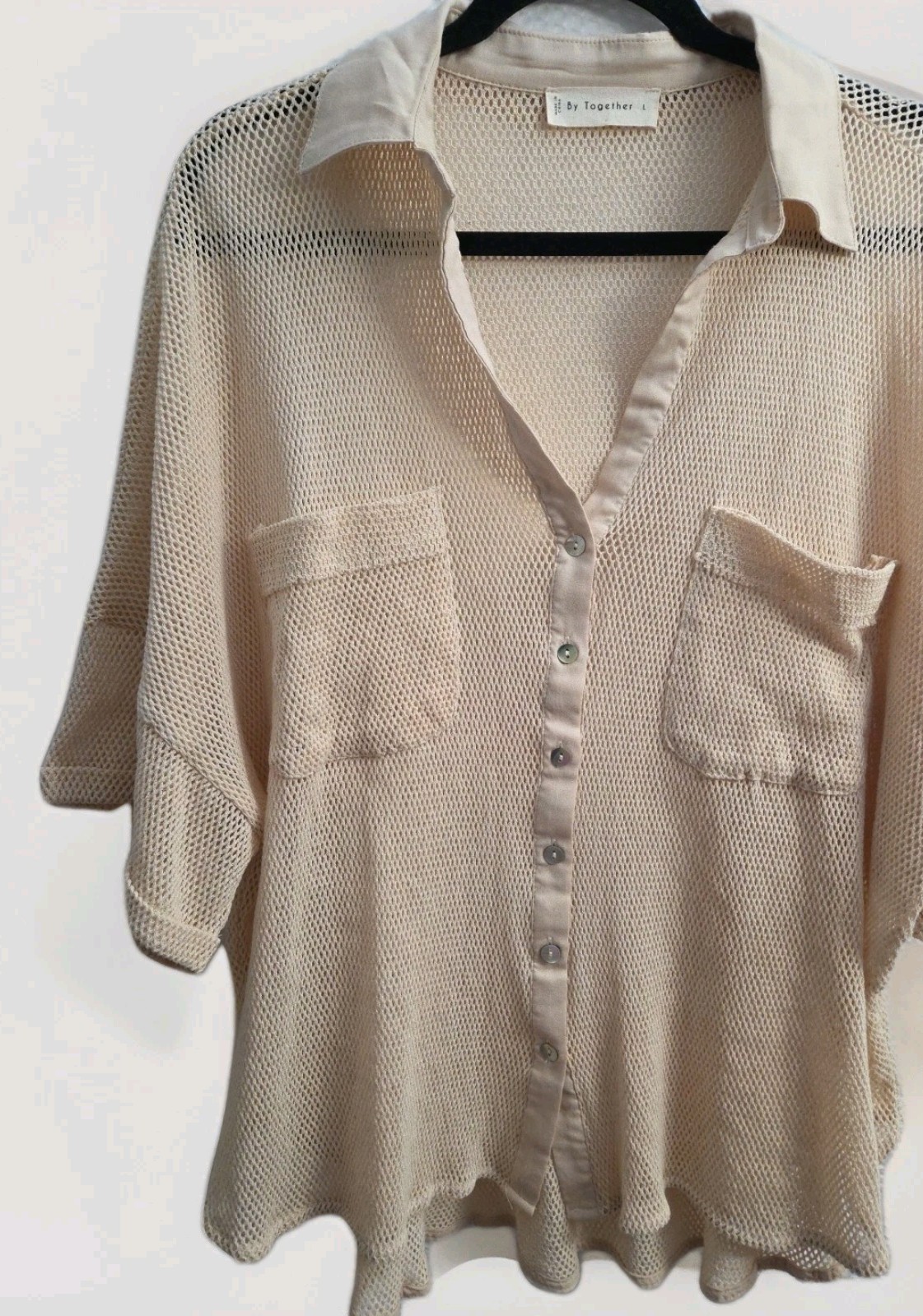 By Together Women L Netted Mesh Button Up Cover Up Top Beige Summer Beach Pool
