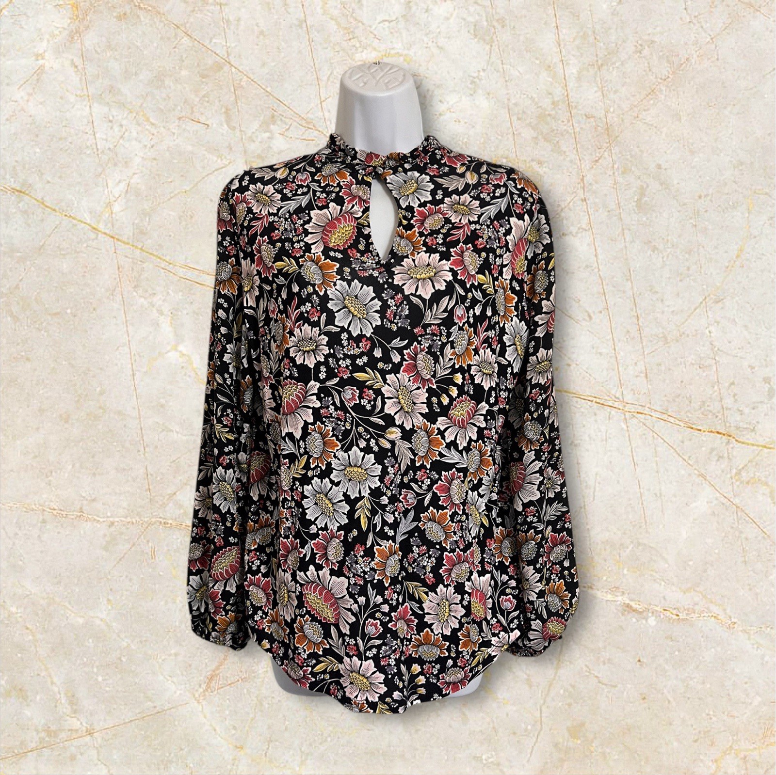 LOFT WOMANS SIZE S FLORAL BUTTON KEYHOLE NECKLINE LONG ELASTIC HEM SLEEVE NEW