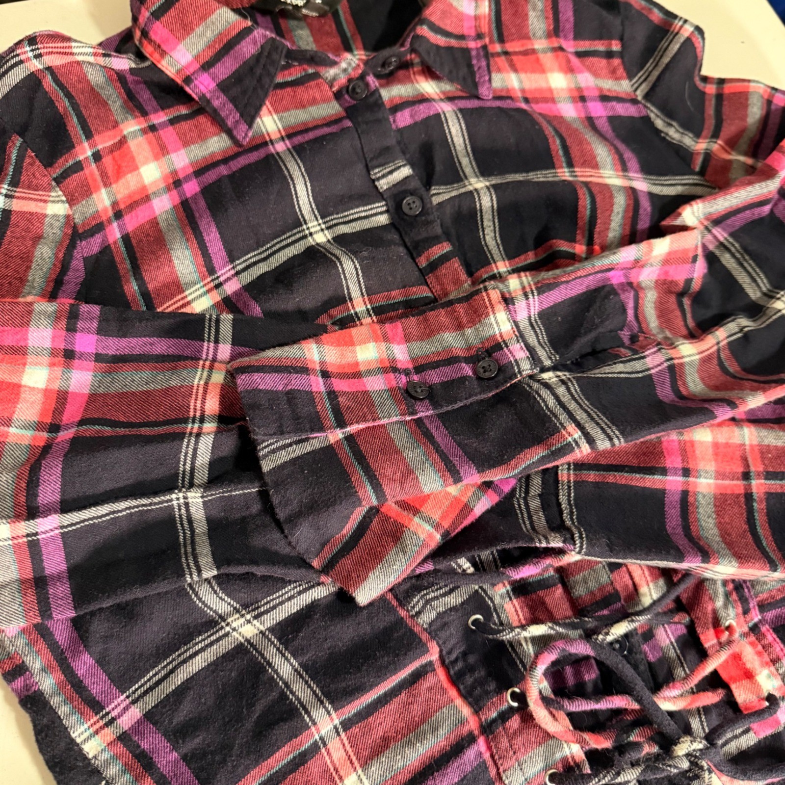 Express Womens Plaid Lace Up Corset Waist Button Up Shirt Pink Purple Black S