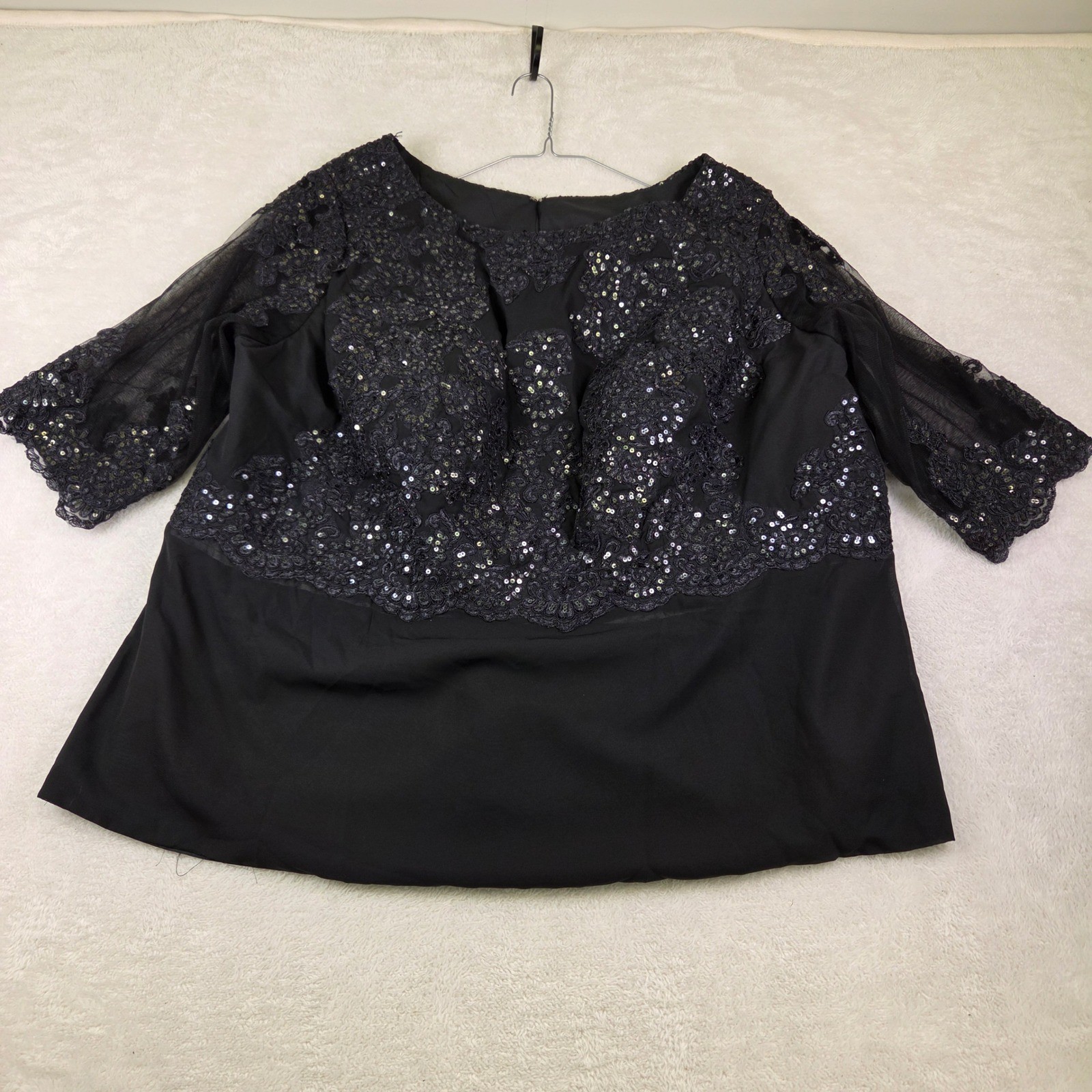 Black Lace Sequin Evening Blouse Sheer 3/4 Sleeve Formal Dressy Top 23 PTP