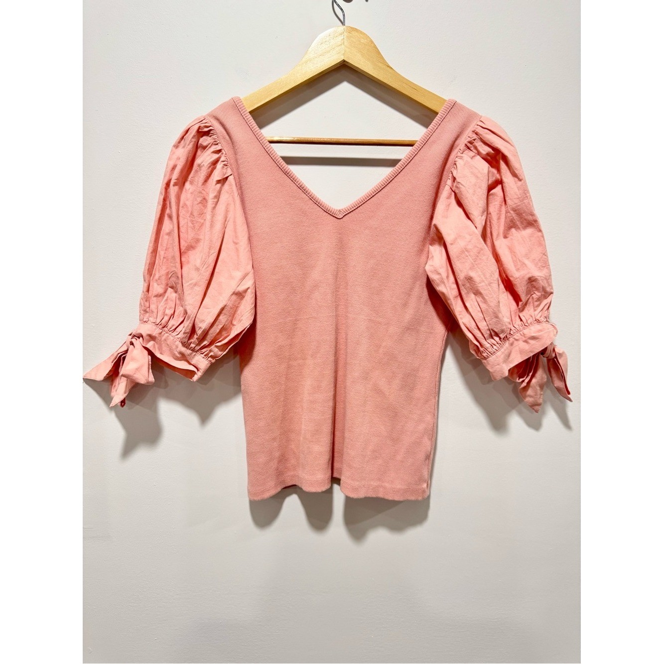 Maeve by Anthropologie Dusted Coral Tie Puff Sleeve V-Neck Knit Top XS