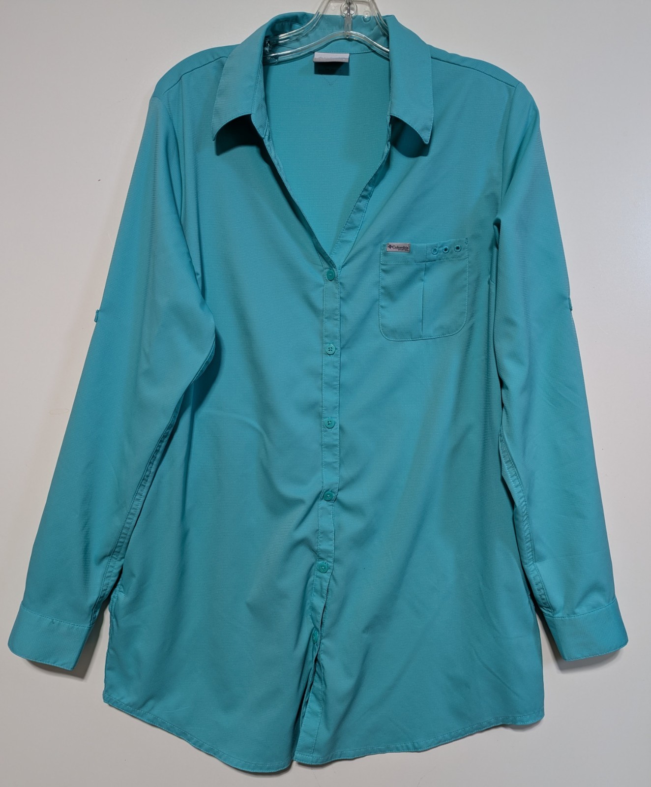 Women’s Sz L Columbia PFG Fishing Shirt Button Up Long Sleeve Aqua Blue