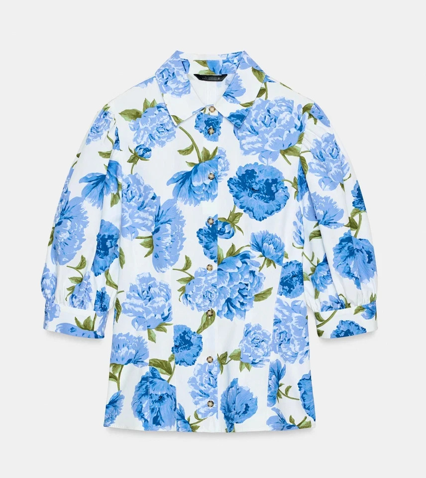 ZARA Blue & White Floral Poplin Shirt Blouse Top Size S 2472/129 Trendy Stylish