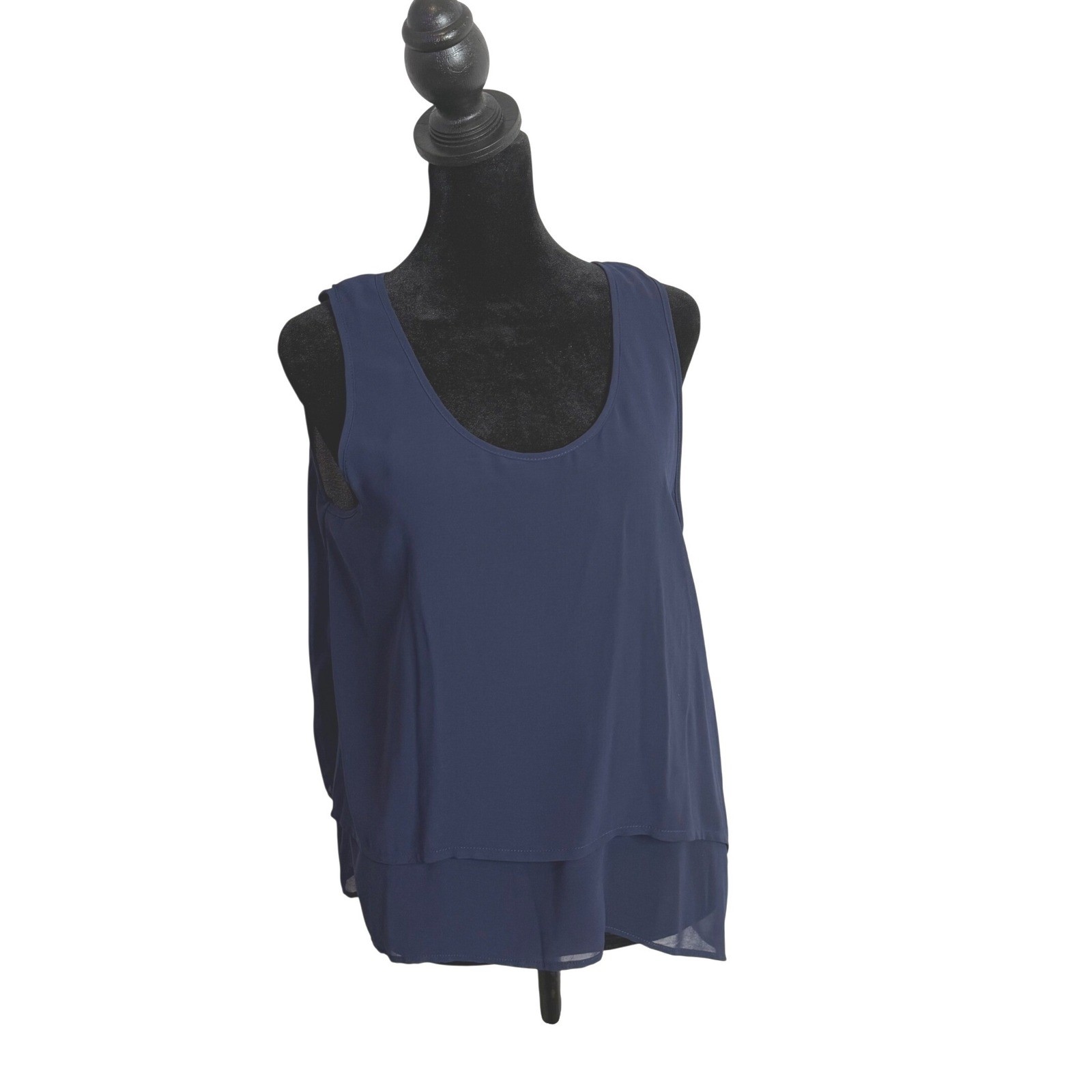 Navy Blue Layered Tank Top Womens M Split Back Chiffon Office Minimalist Shell