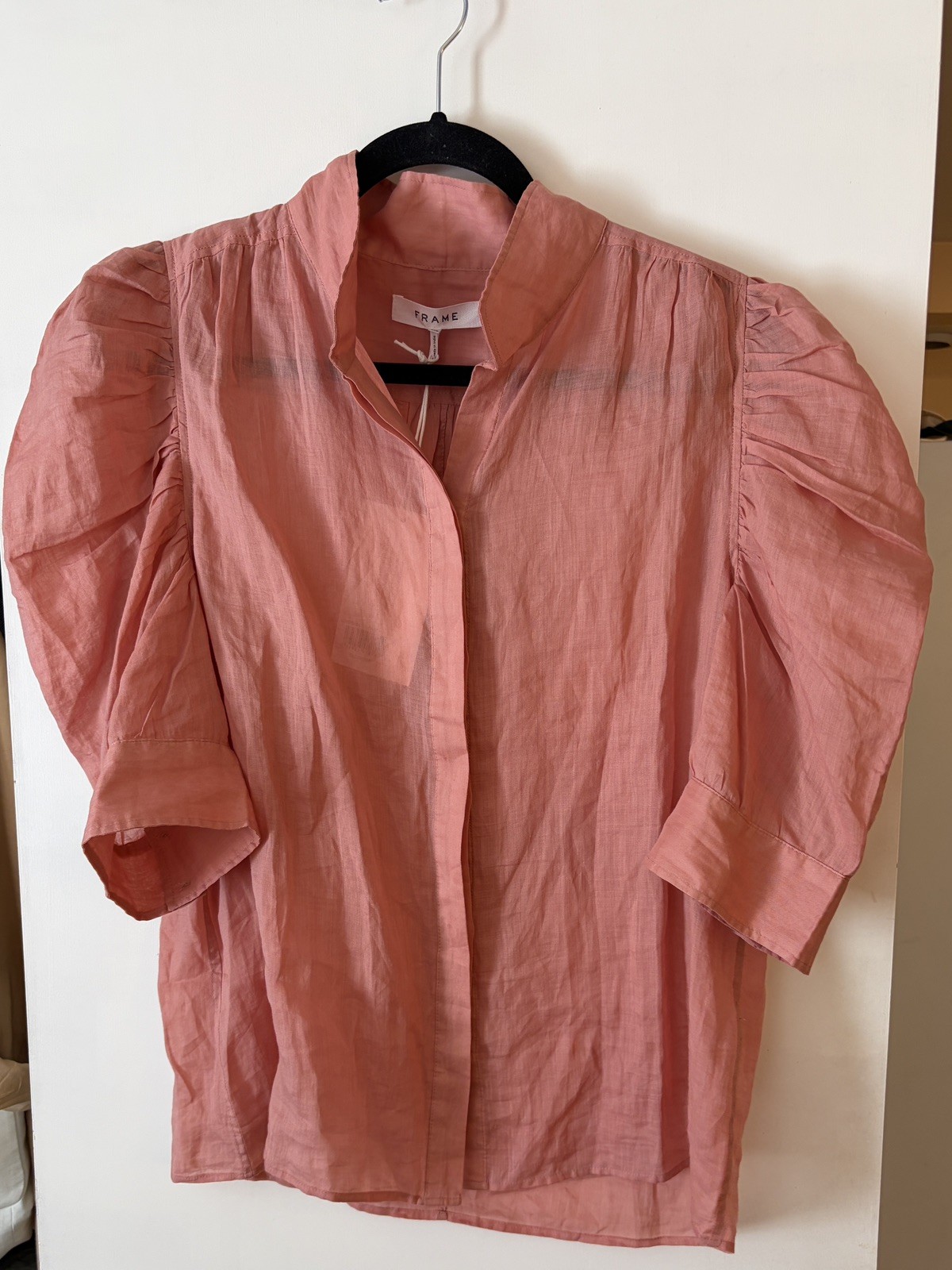 FRAME Gillian Top Women’s Size L Ruched Puff Sleeve Ramie Terracotta $295 NWT