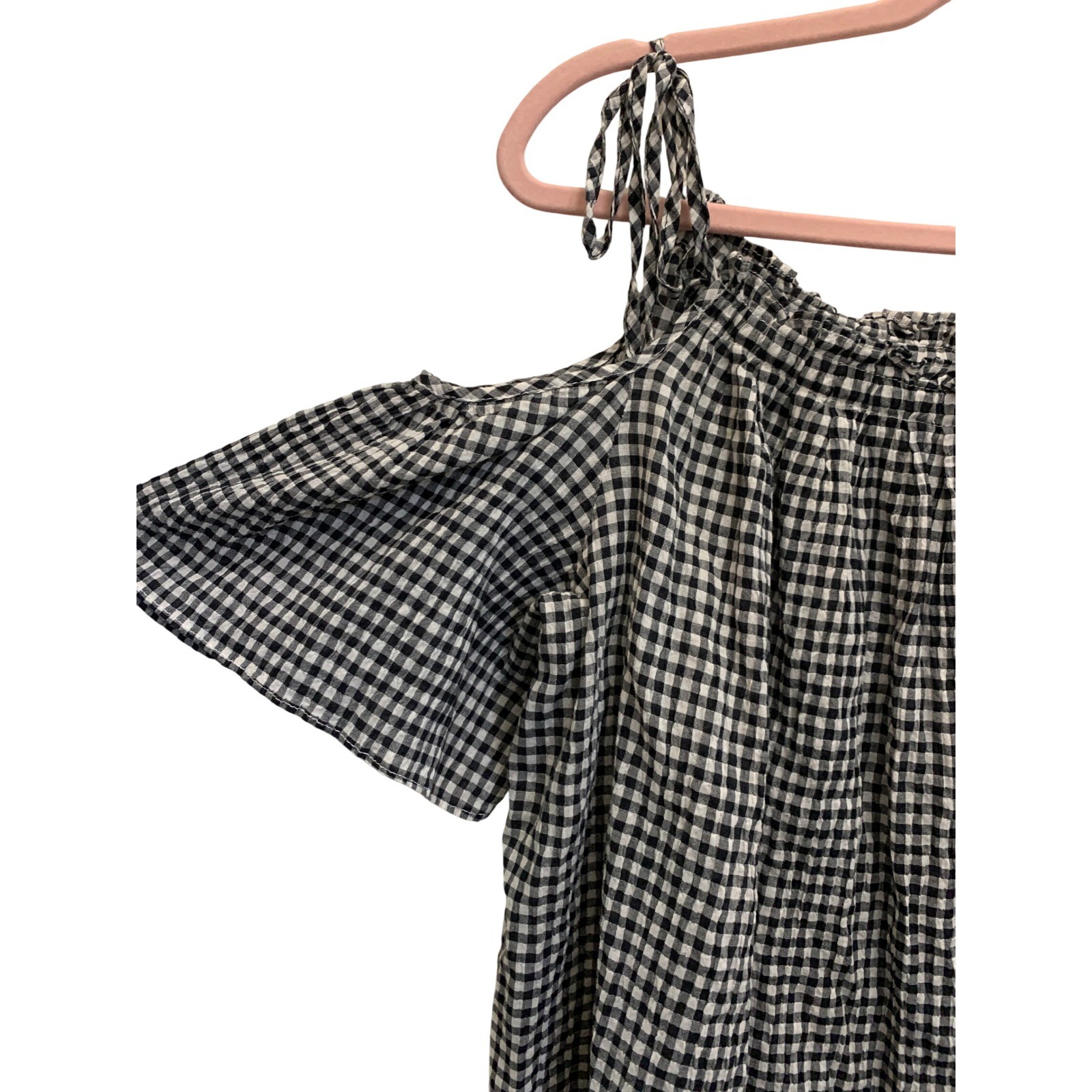 Max Studio Womens Small Black White Gingham Off Shoulder Tie Strap Top Cotton
