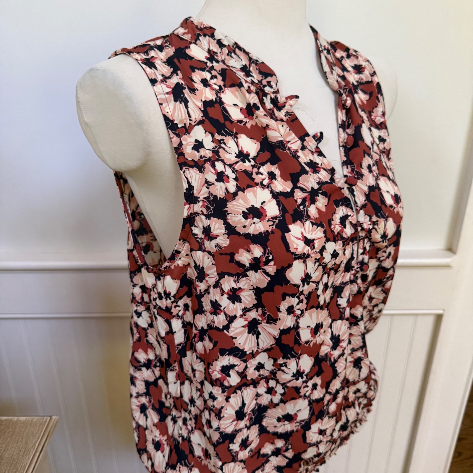 Floral Sleeveless Blouson Top Burgundy Cream Navy Split V-Neck Smocked Hem