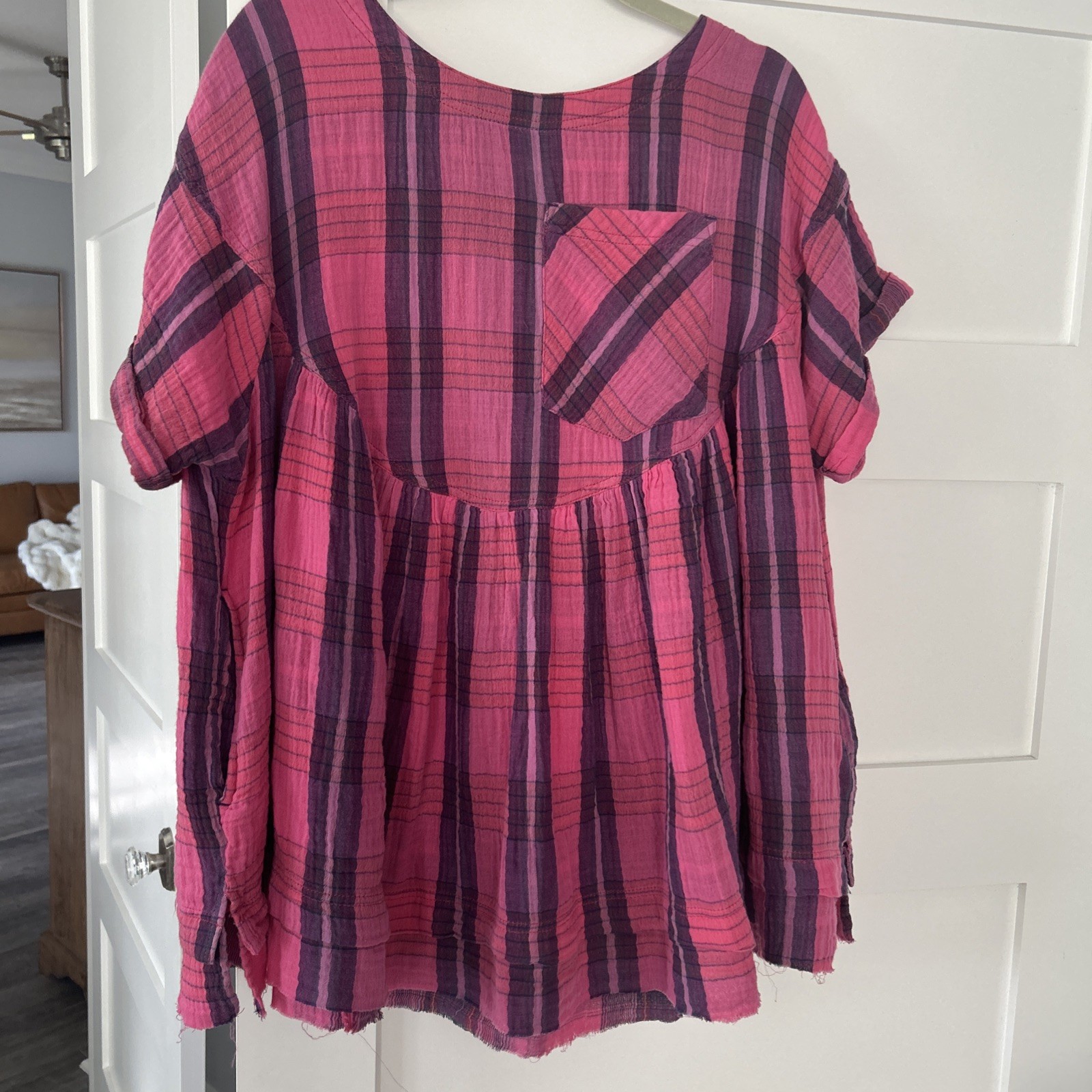 Free People | We The Free Moon City Oversized Boho Plaid Top Women’s Size Small
