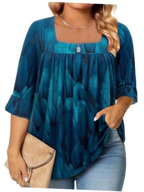 Womens Plus Size Tops Loose Fit 3/4 Ruffle Sleeve 5X-Large 01 42-peocock Blue