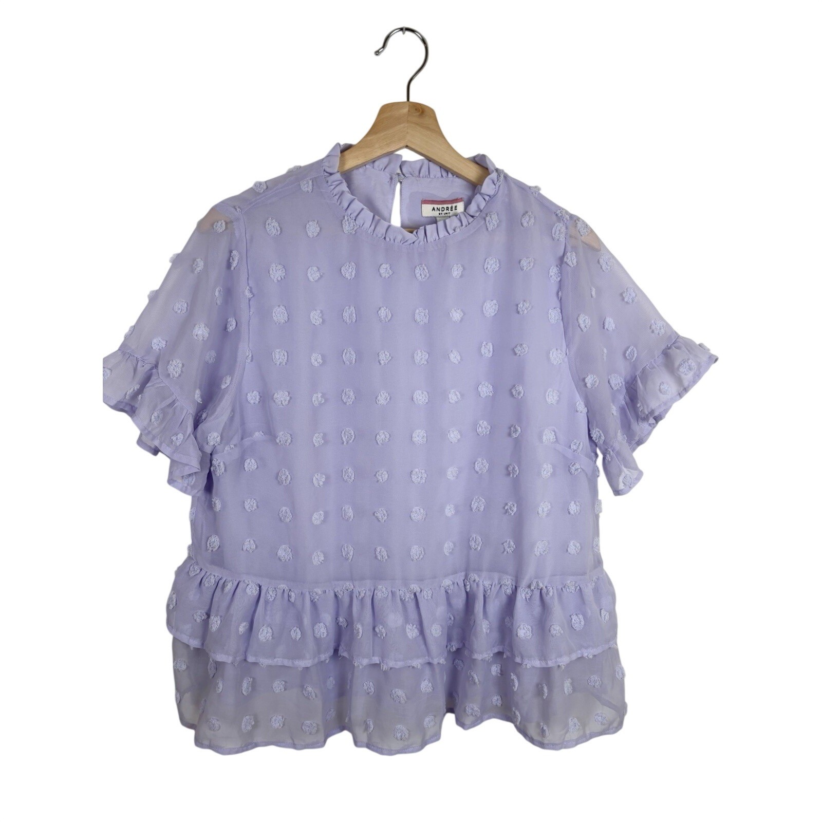 Andree by Unit Womens Sz Large Lavender Swiss Dot Short Sleeve Ruffle Top