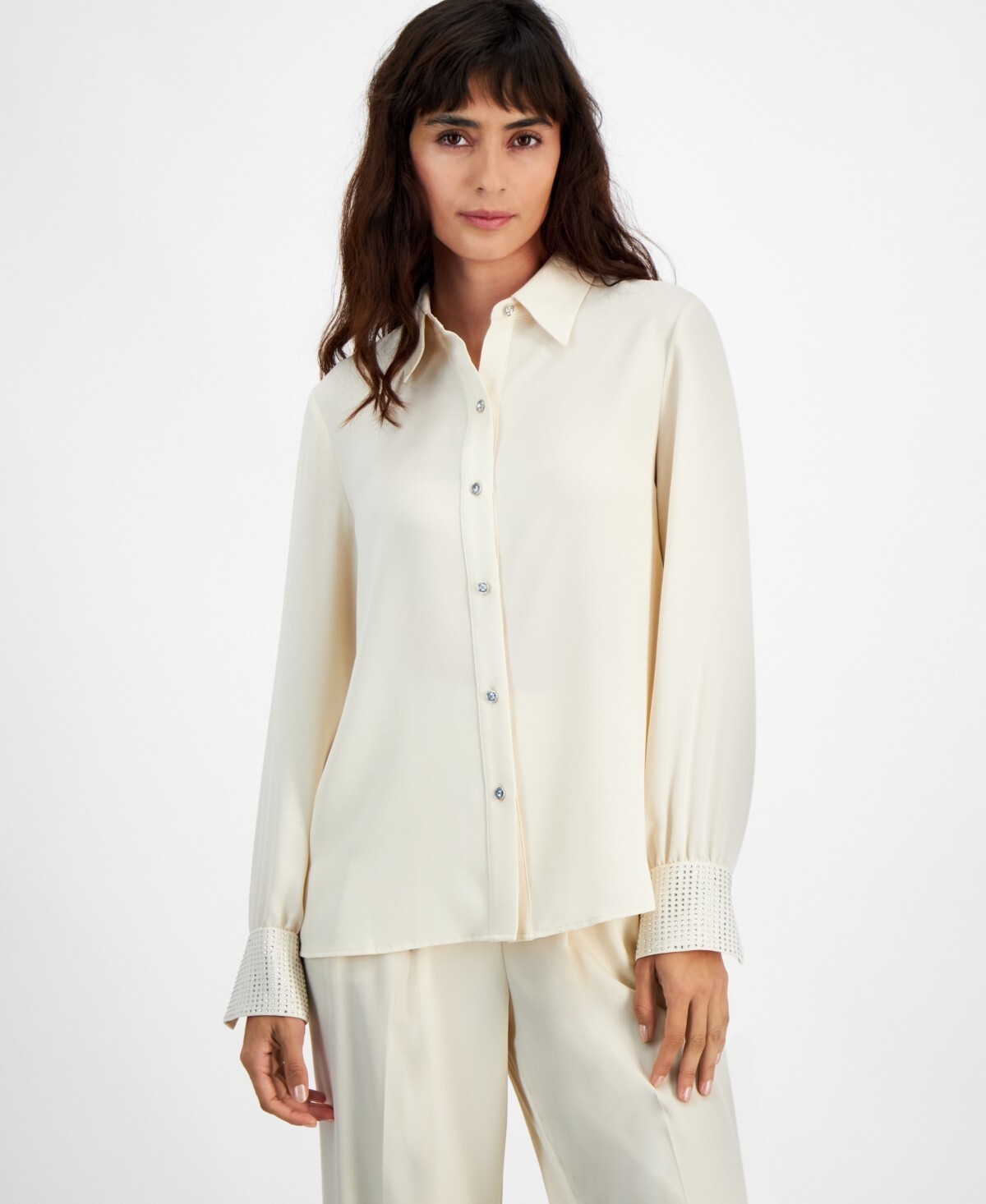 Bar III Women’s Rhinestone-Cuff Button-Front Shirt Light Tea Small NWT’s.
