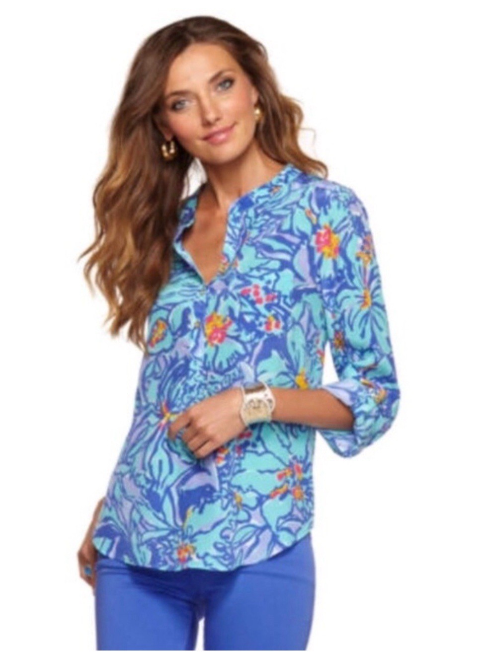 Lilly Pulitzer Elsa Mai Tai 100% Silk Blouse Tunic Top Gold-tone Buttons Size XS