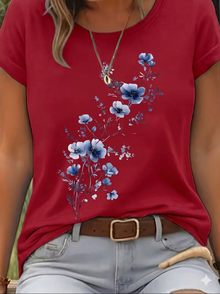 Women’s Floral T Shirt White Blue Flower Cotton Crew Neck Summer Casual Tee