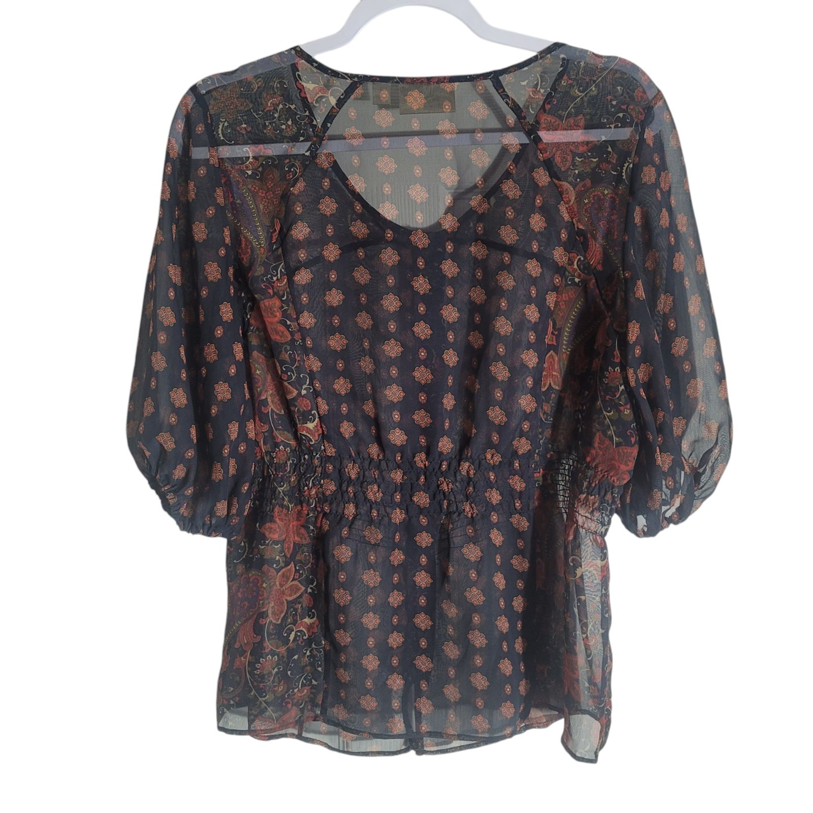 Motto Sheer Button Up Balloon Sleeve Smocked Waist Blouse Womens Small Black Y2K
