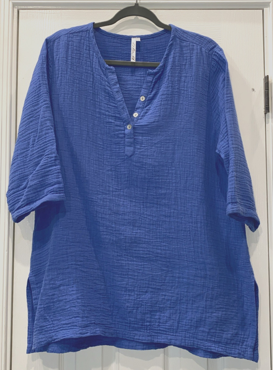 WOMENS LULU B COTTON GAUZE TUNIC HENLEY TOP BUTTONS 3/4 SLEEVES BLUE MEDIUM