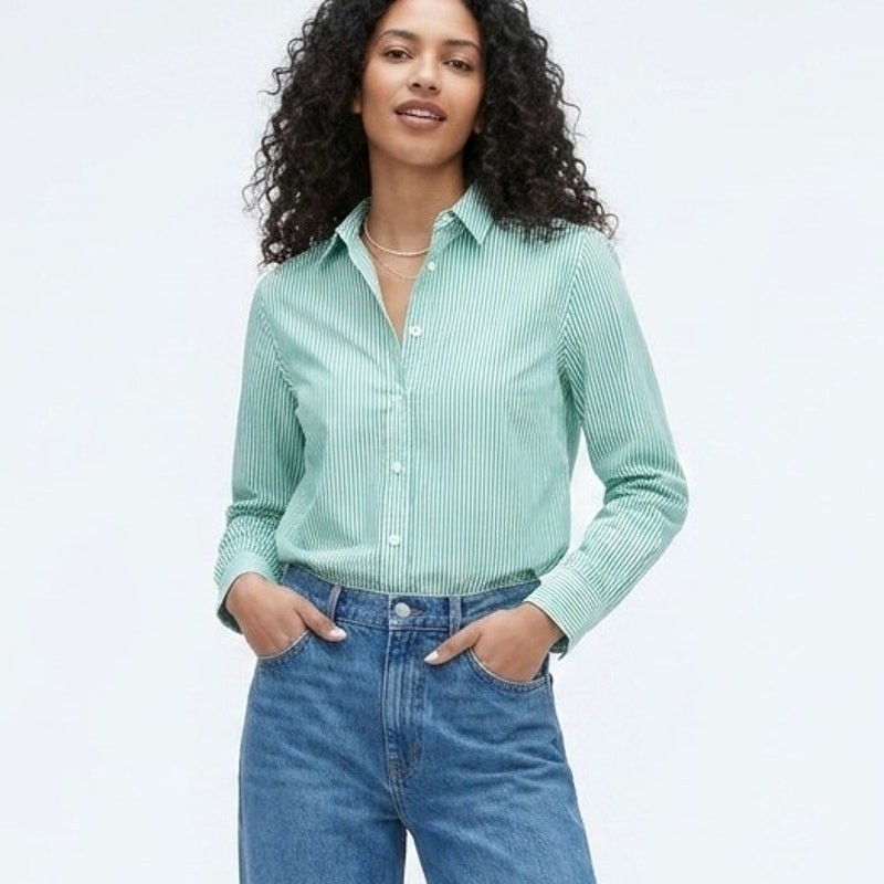 Everlane Shirt Size 4 Button-Down Collared Long Sleeve 100% Cotton Green Stripe