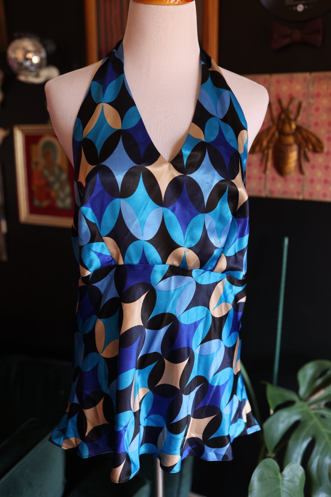 Vintage Handmade 90s Y2K Funky Psychedelic Retro Blue Halter Top M/L