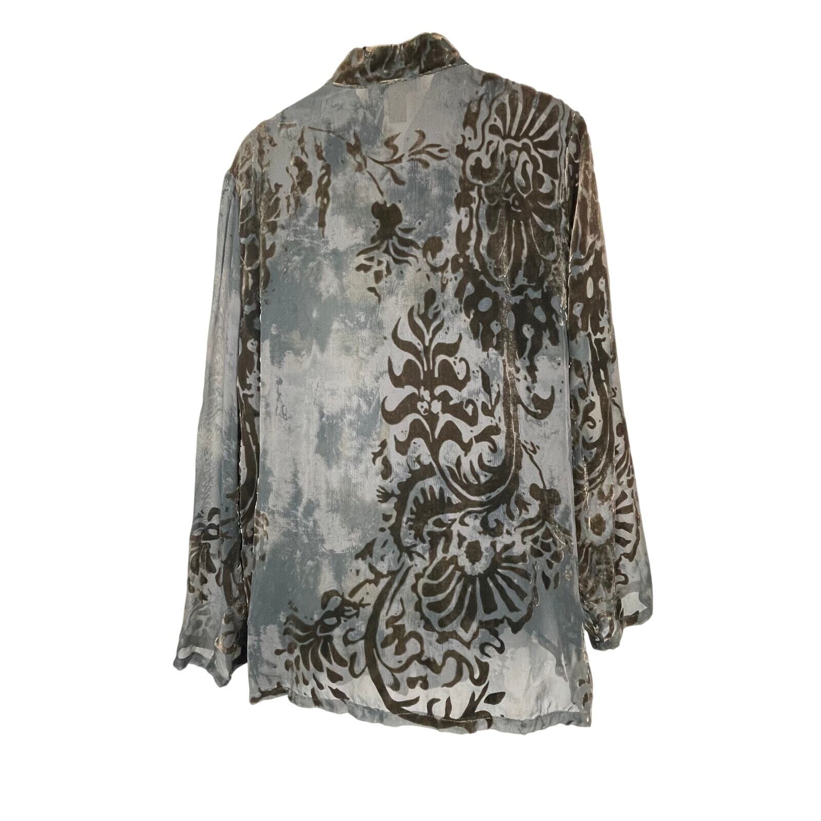 Harari Silk Blend Burnt Out Velvet Green One Button Sheer Cardigan USA Size L
