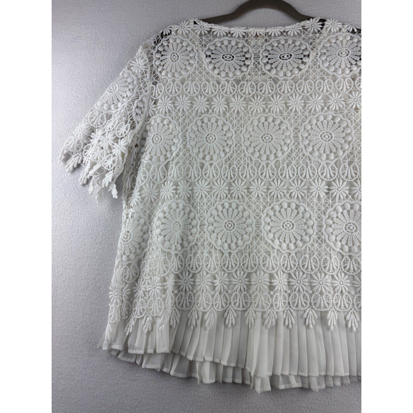 Chico Floral Crochet Lace Pleated Chiffon Short Sleeve Top White Boho Romantic