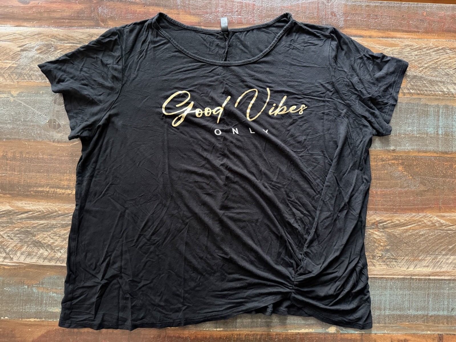 AVA JAMES Women’s 3X Black Good Vibes Only Knot Front T-Shirt | SKU 0561