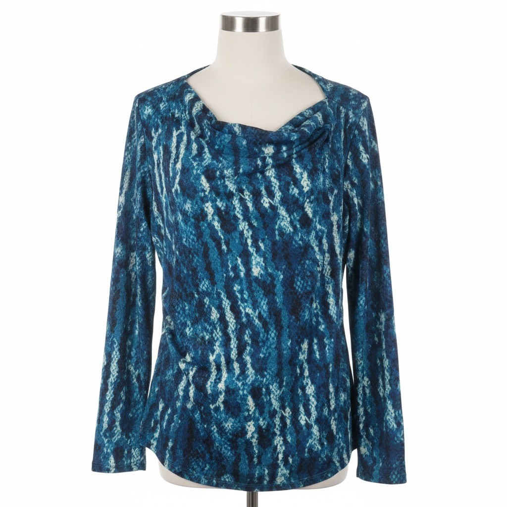 Halston Size L Blue Abstract Print Ruched Top Modern Colorful Statement Piece