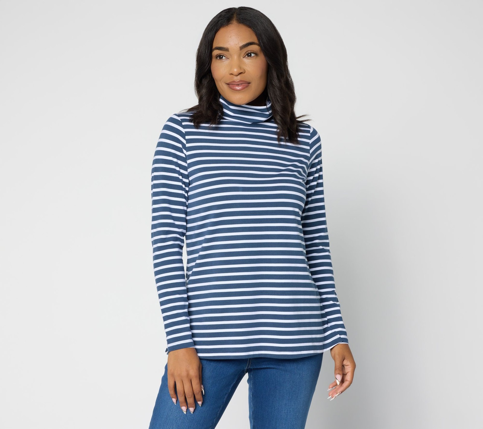 Belle by Kim Gravel Primabelle Knit Pinstripe Turtleneck Top Indigo M New