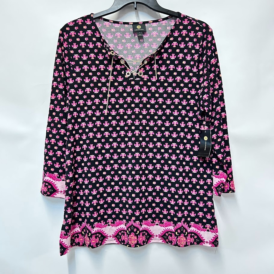 JM Collection Womens M Black Pink Combo Chain 3/4 Sleeves Blouse Top NWT BM51