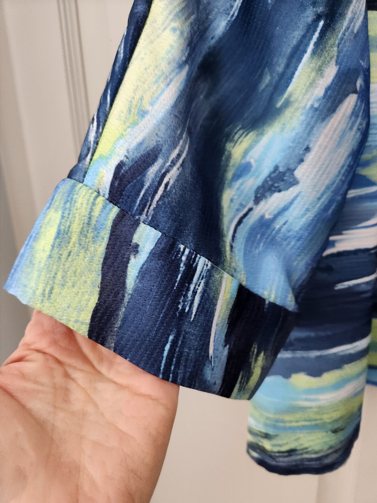 Chicos Satin Blouse 3 XL 16 18 Green Blue Long Sleeve Lightweight Silky Feel