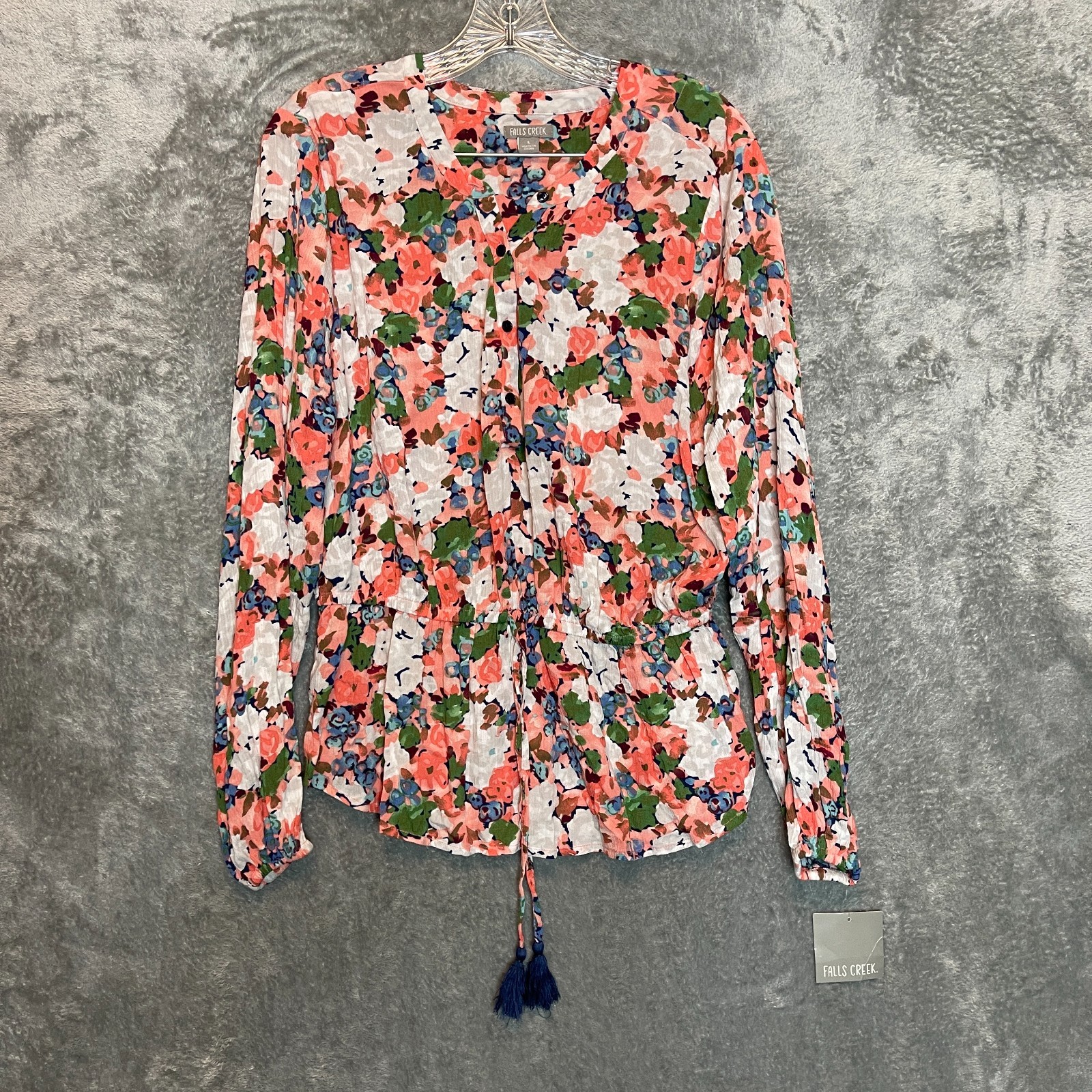 Falls Creek Women Size L Bloomcore Boho Chic Floral Popover Peplum Woven Top NWT