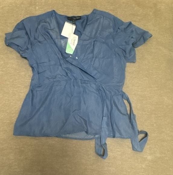 Harvé Benard Tencel Chambray V-Neck Wrap Blouse