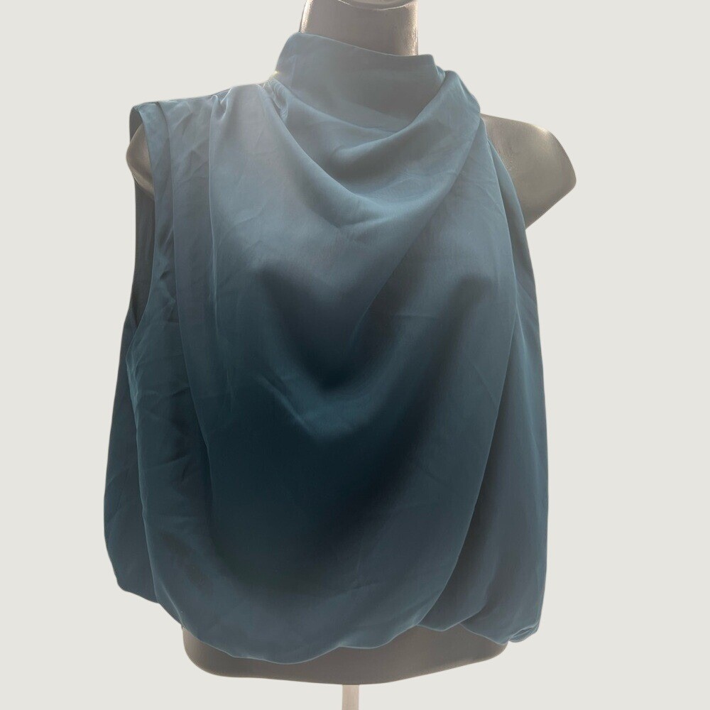 Draped High Neck Bubble Hem Blouse sz XL Teal Blue Sleeveless Keyhole Back Top
