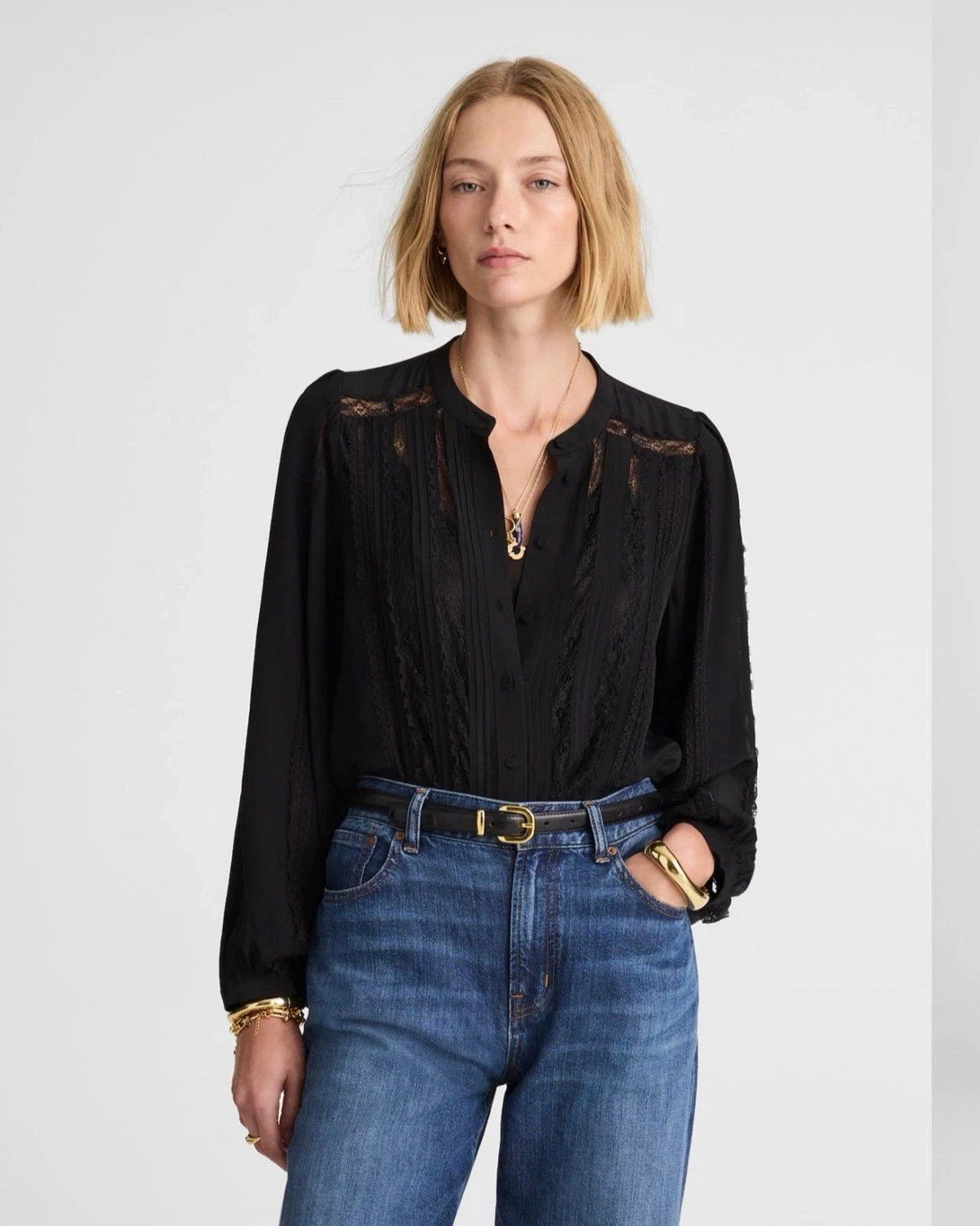 Madewell Black Lace-Insert Button Up Long Sleeve Top M NWT