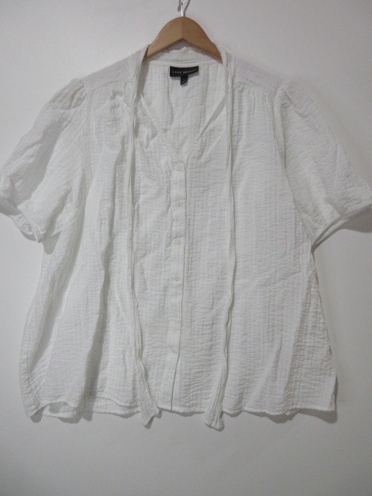 Sz 22 Lane Bryant Blouse Crinkle White Cottagecore Boho Easy Care S/S Top Shirt