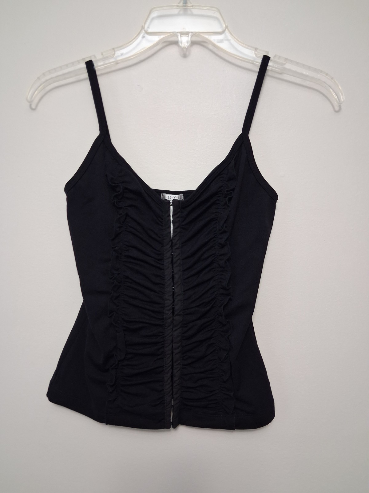 Vtg Y2K XOXO Black Corset Tank Top M Ruched Hook & Eye Ruffle Cami Whimsygoth