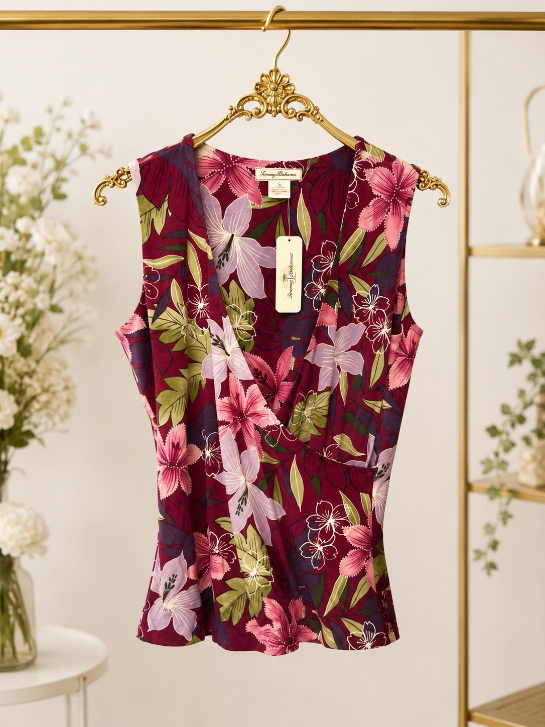 NWT Tommy Bahama 100% Silk Floral Wrap Blouse Top Beet Red Garden Mock Wrap S