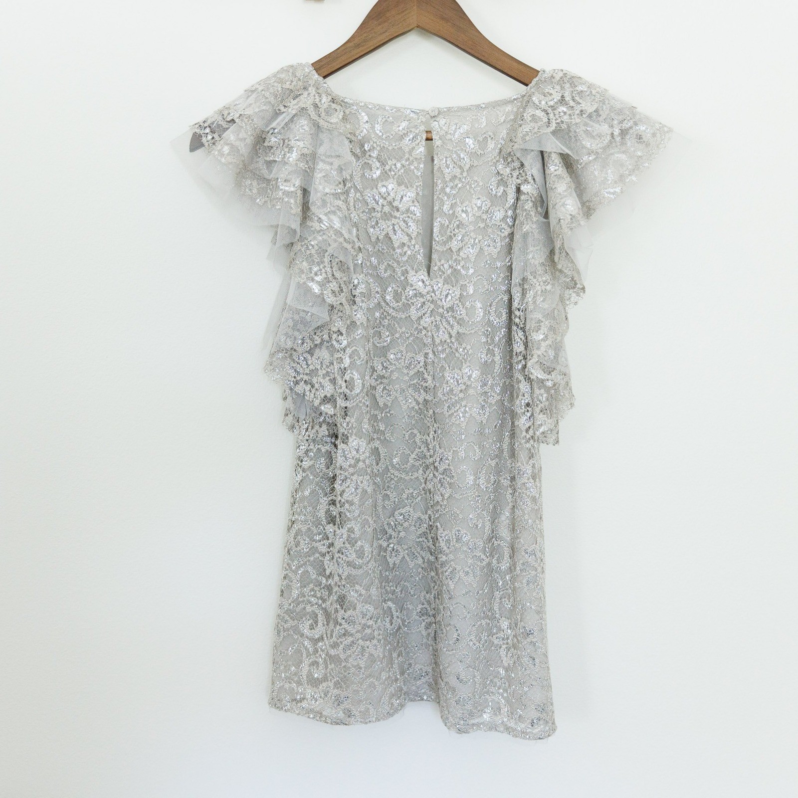 BCBGMAXAZRIA Steacy Silver Metallic Lace Ruffle Sleeve Blouse Top NWT QJC1N946