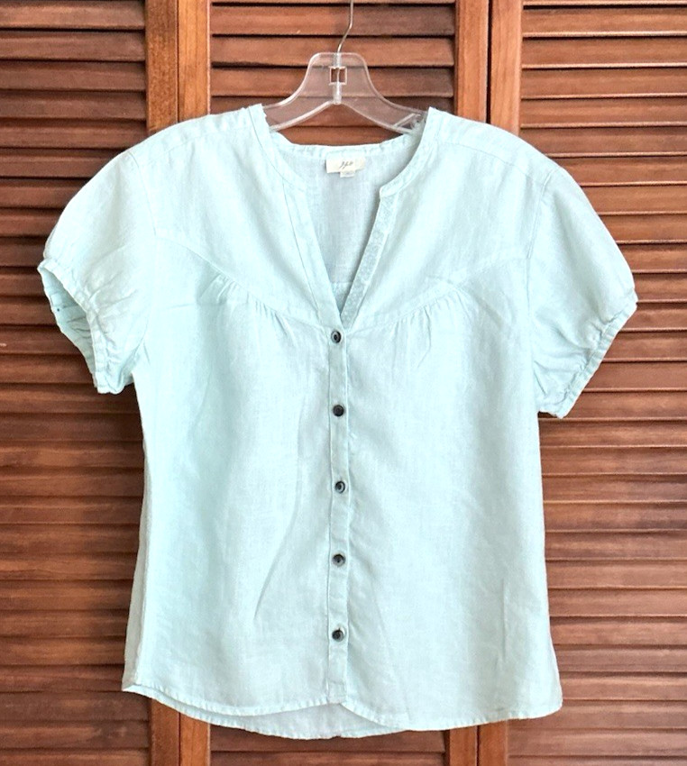 J Jill Light Green/Blue Linen Puff Sleeve Split Neck Blouse sz Medium