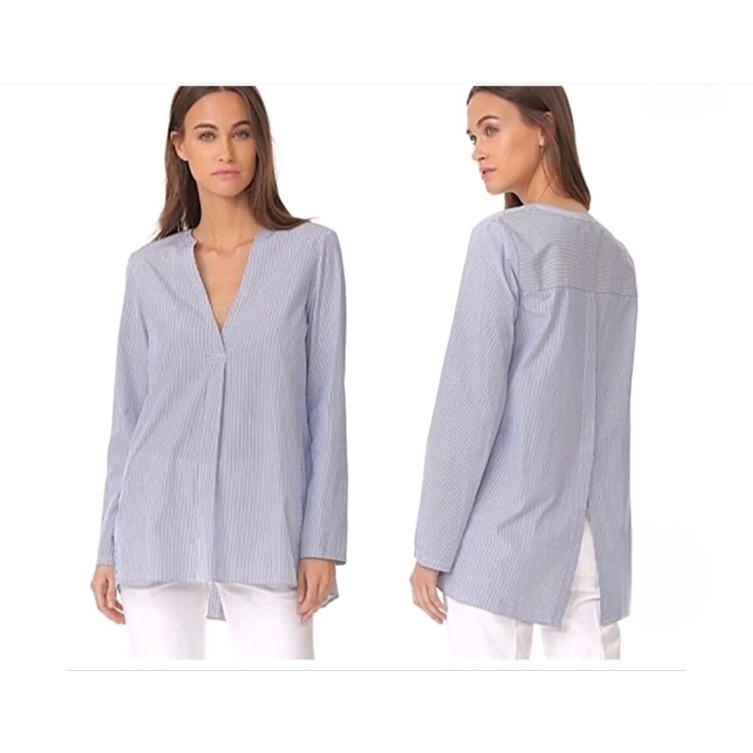 Theory Ofeliah Taff Coastal Striped Tunic Top Blouse, Button-up Back sz P S/M