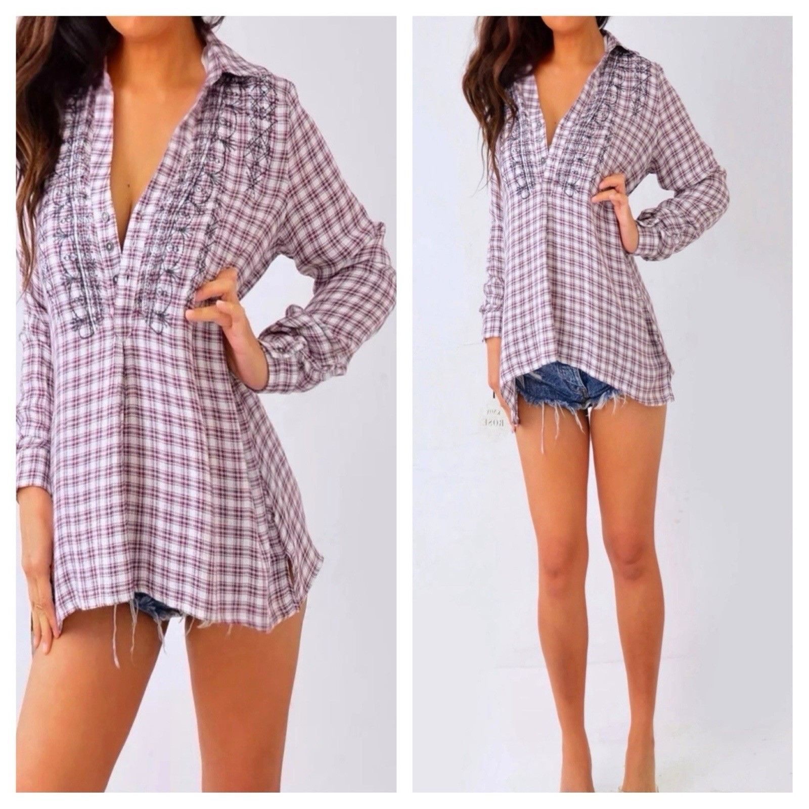 Knox Rose Burgundy Red Gray Silver Metallic Plaid Shirt Top XS Extra Small NWT