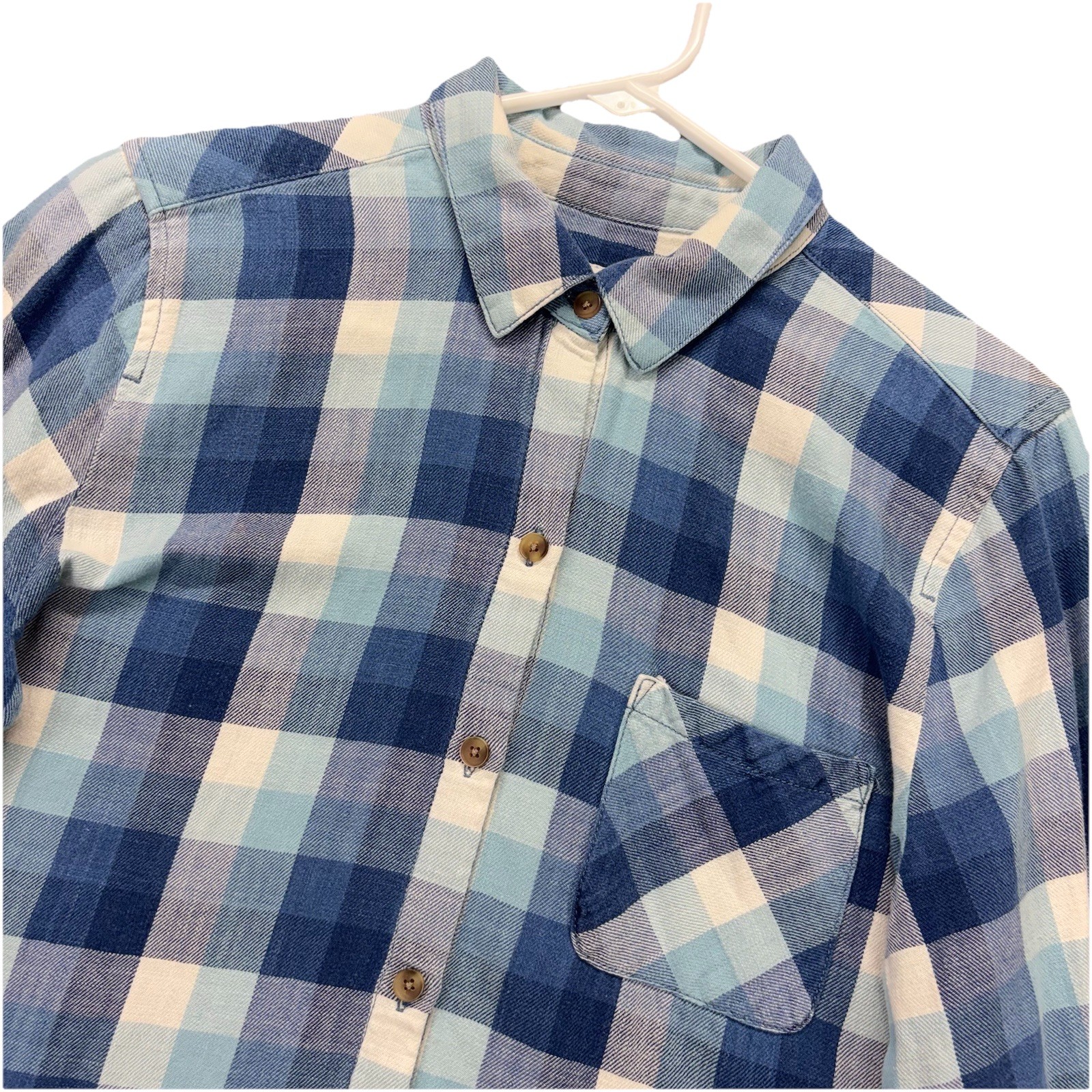 J Jill Flannel Shirt Jacket Womens M Blue White Plaid Roll Tab Sleeves Pockets