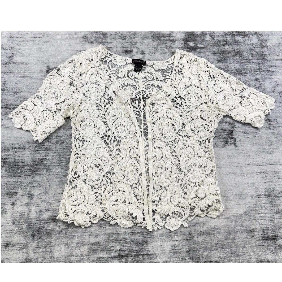 Say What Questions Ivory Crochet Floral Lace Button Front Top Sz L Preppy