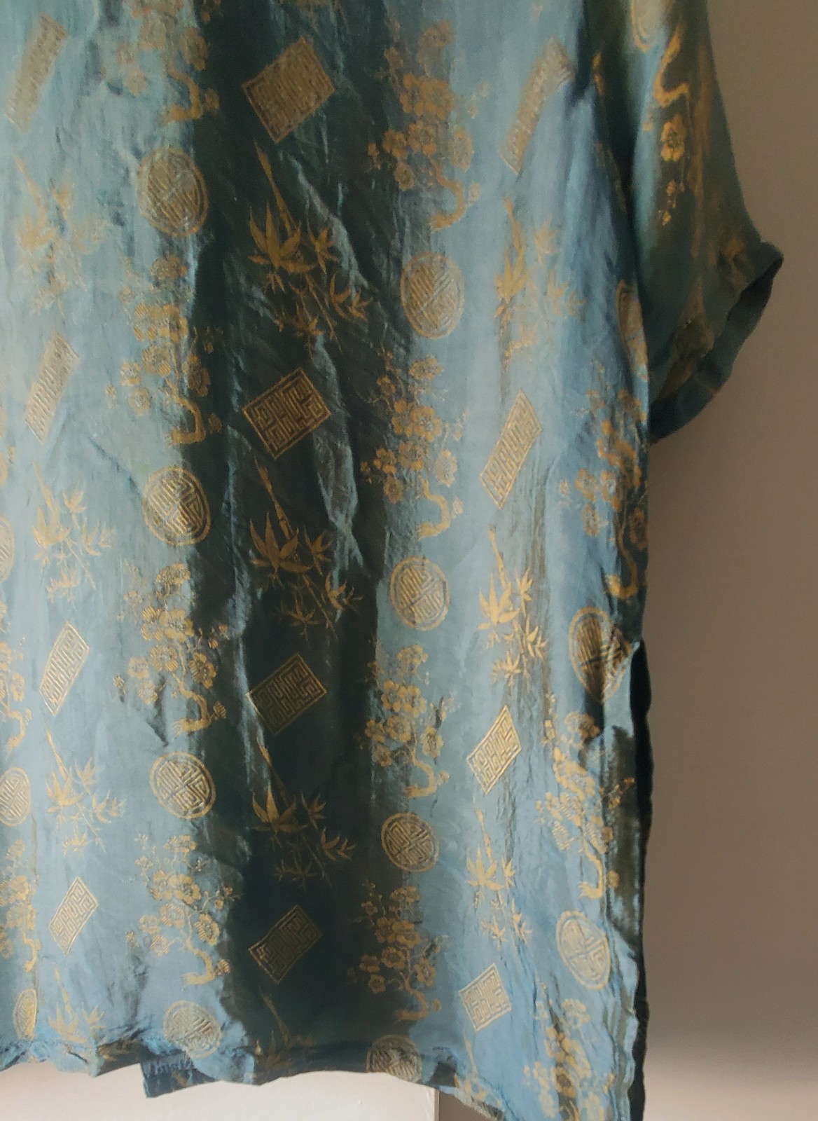 Blue Dragon by Rita Stein Asian/Chinese Women Top Blue & Gold Floral XL