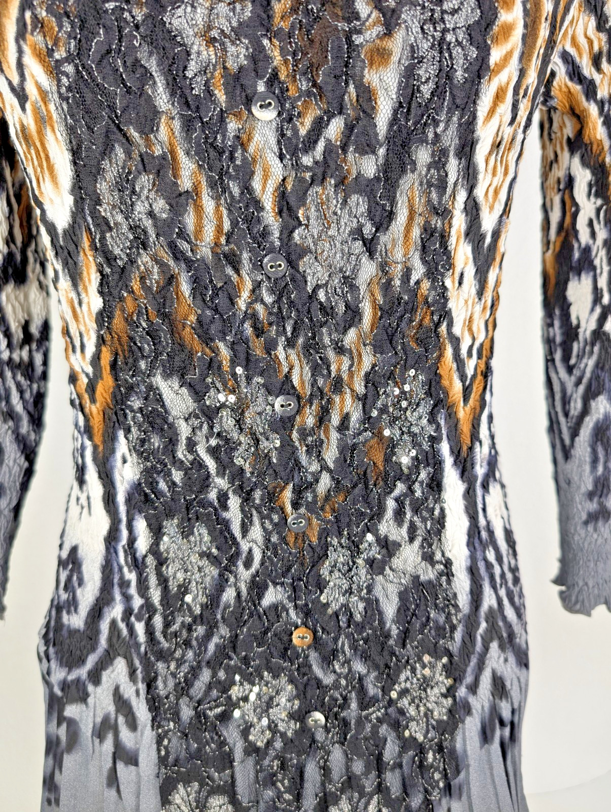 Alberto Makali Crinkle Blouse Top Ikat Animal Print Lace Sz L Retro Art