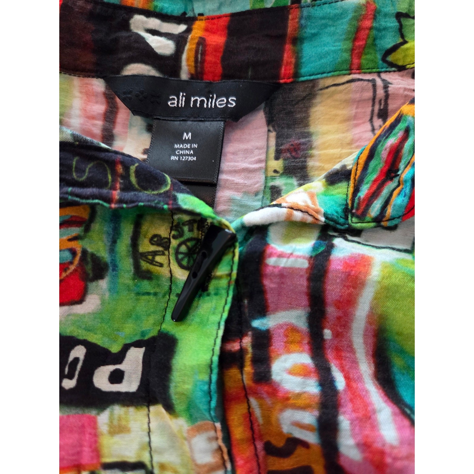 Ali Miles Abstract Art Graffiti Crinkle Tunic Blouse Multi-Color M
