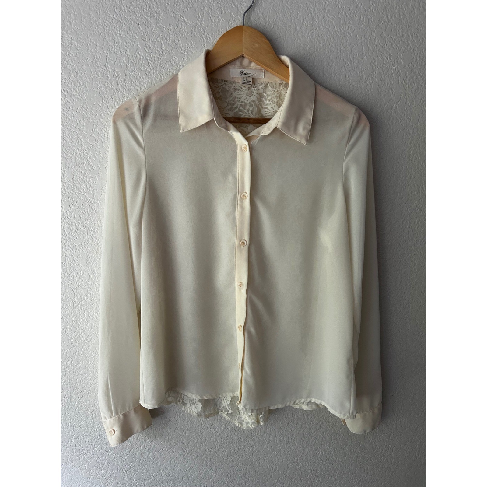 Xxi Cream Floral Lace Back Button Up Blouse Long Sleeve Top Cream Medium